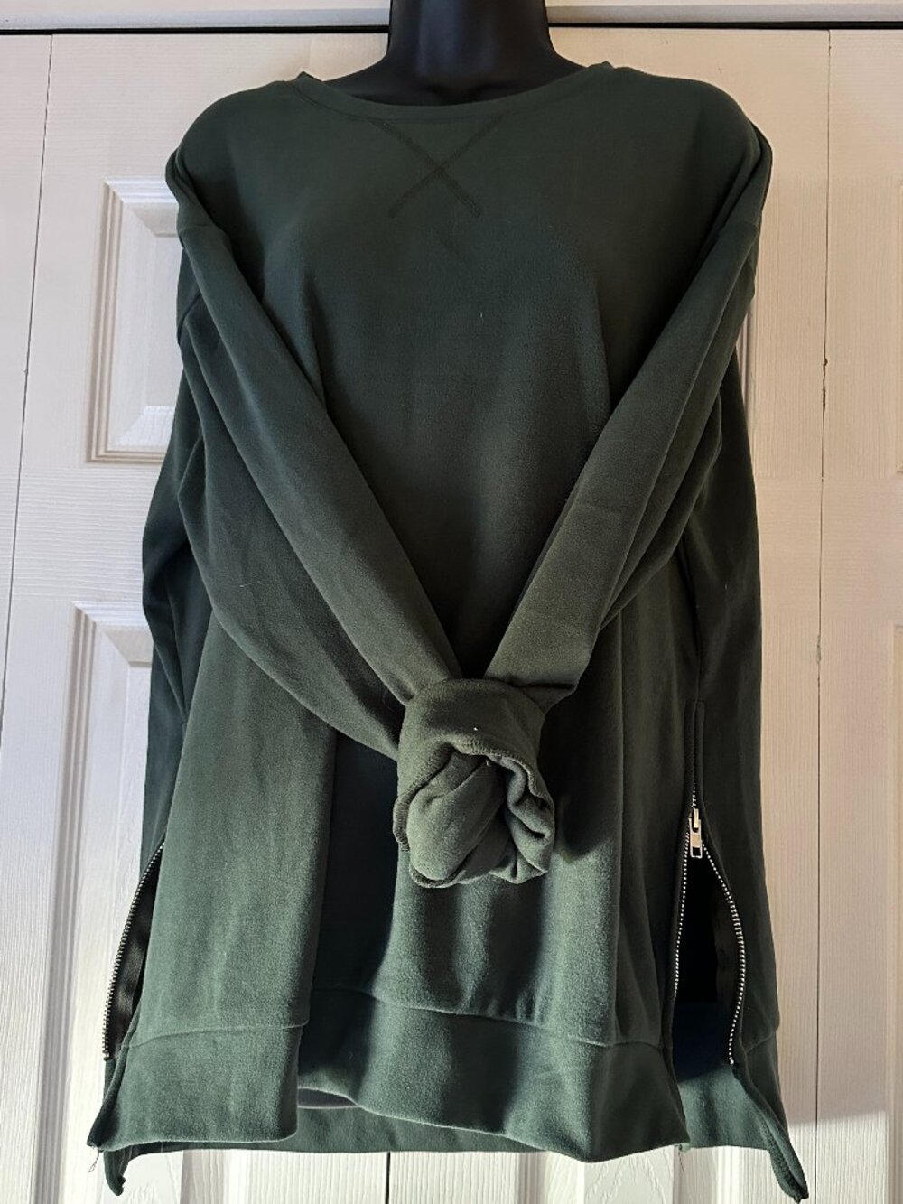 Olive Green Oversized Sweatshirt Side Zip Pullover Large Cozy Tunic Top